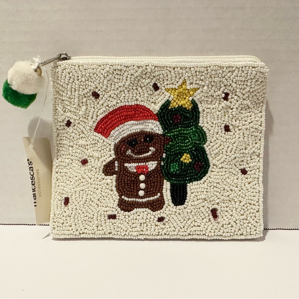 Hand Beaded Christmas Holiday Gingerbread Seedbead Cotton Coin Purse Wallet NWT